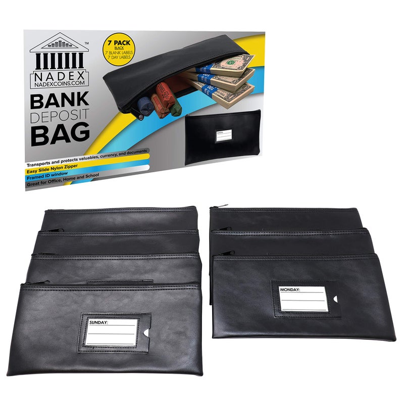 Nadex 7 Days Bank Deposit Cash and Coin Pouches with Zipper Closure, Each Money Bag with Blank Card and Card for Each Day of the Week, Black - Image 1